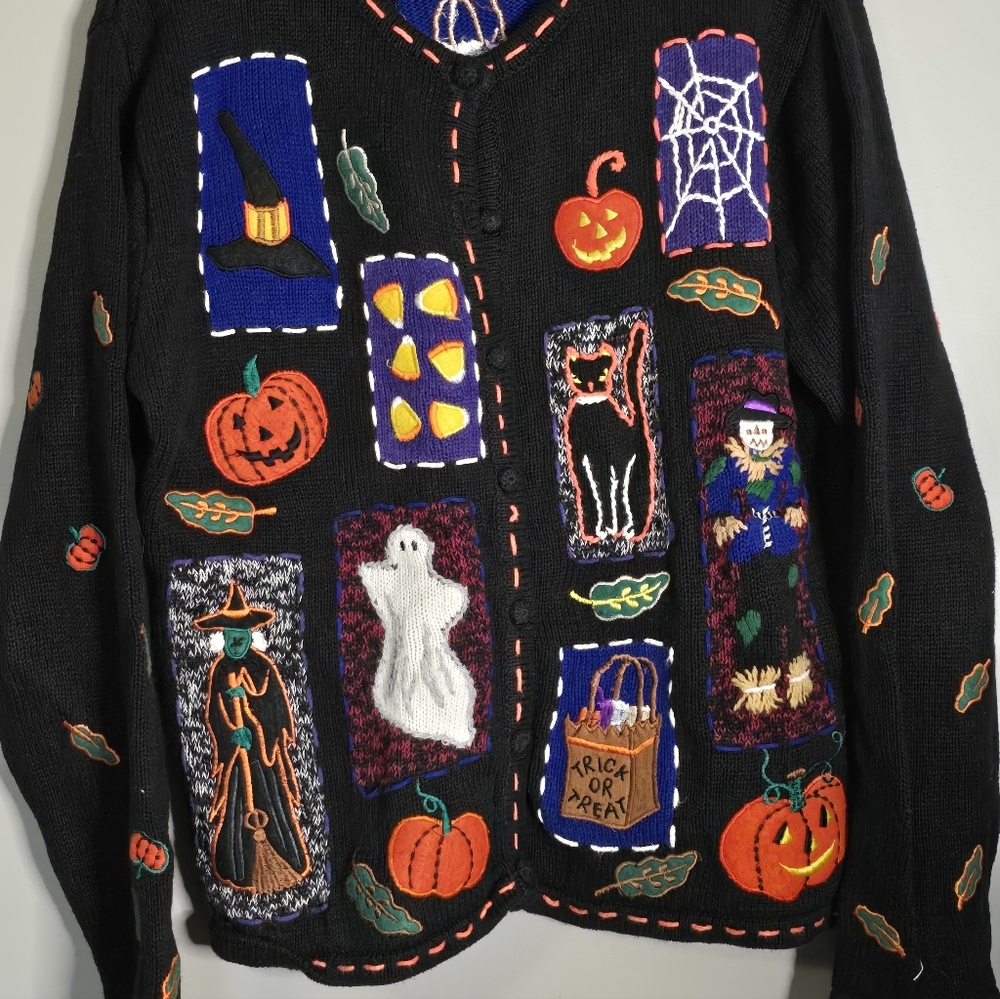 Hampshire Studio Boo Black Halloween Patchwork Cardigan Sweater - Picture 2 of 5